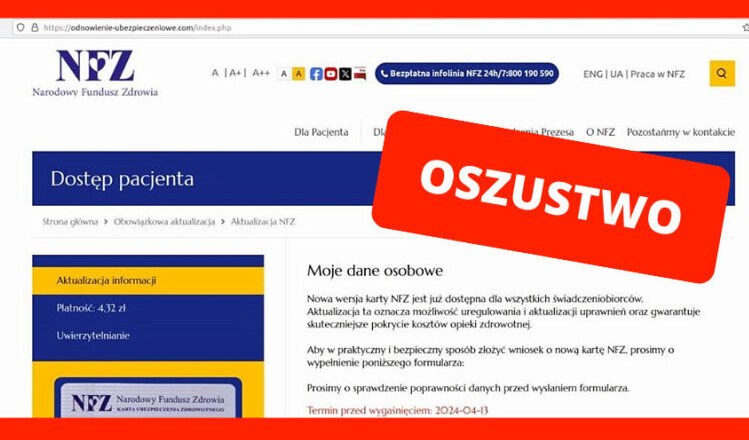 Oszuści mogą podszywać się pod Narodowy Fundusz Zdrowia