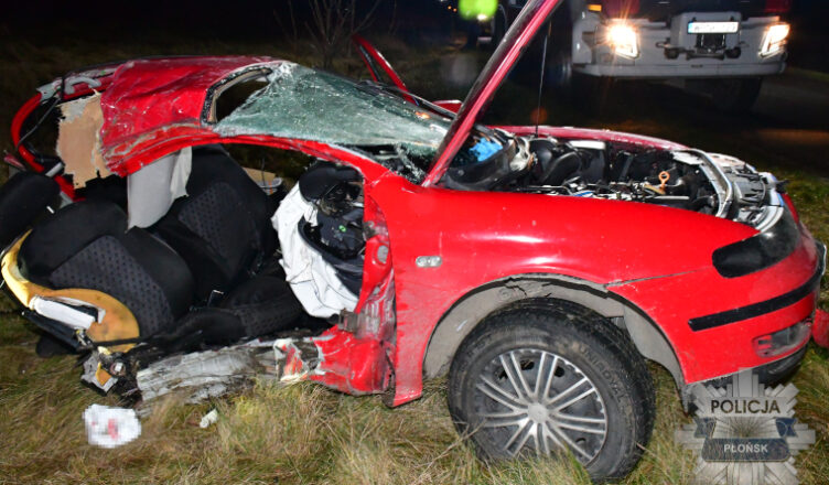 Tragiczny wypadek pod Płońskiem. Seat po uderzeniu w drzewo rozpadł się na dwie części.